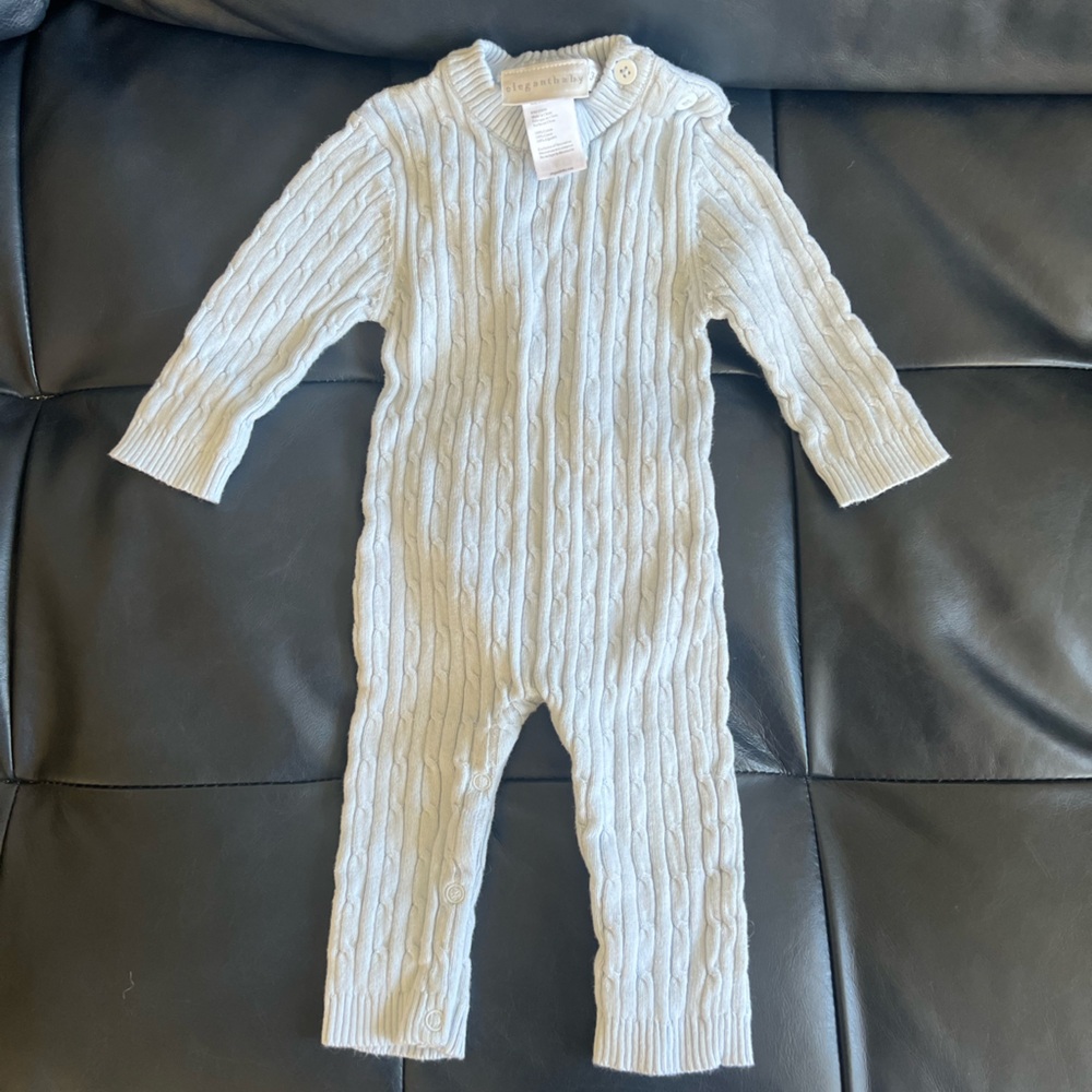 Never been worn, light blue, Elegant Baby 3 to 6 months sweater onesie romper.